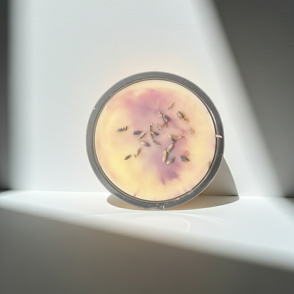 Round wax melt with dried herbs on a white surface