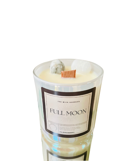 Candle labeled 'Full Moon' with a white label on a white background