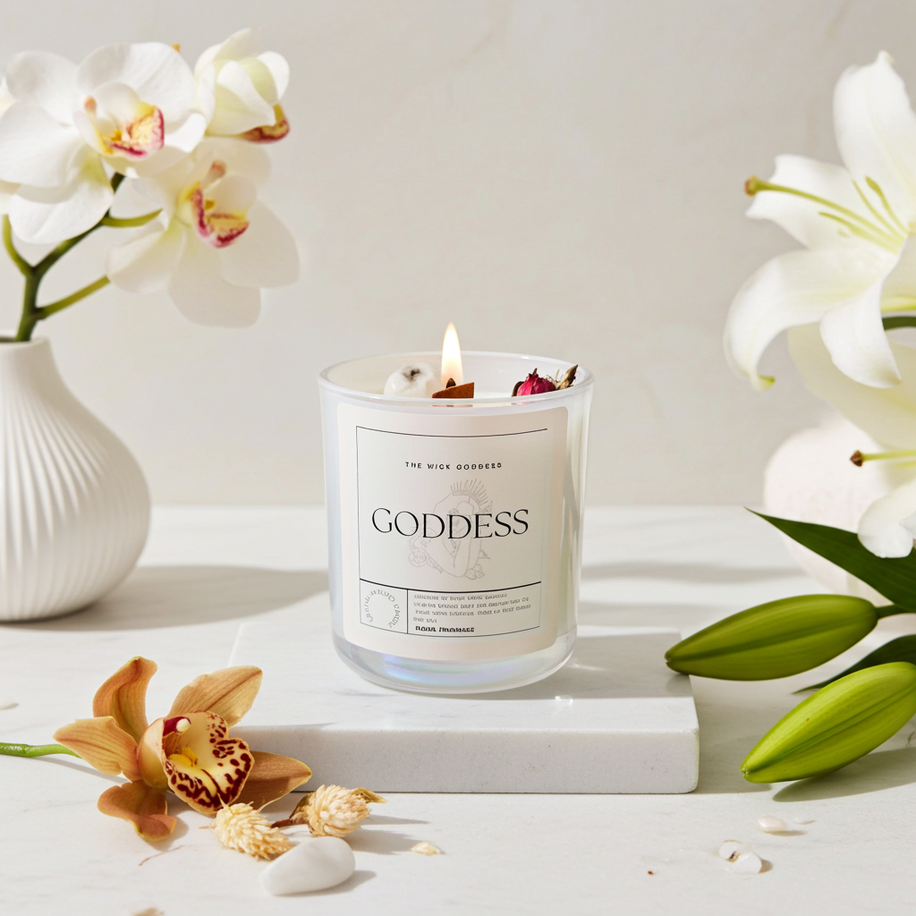 Candle labeled 'Goddess' with flowers on a light surface