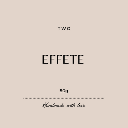 A wax melt package labeled 'Effete' in a minimalist design, with the weight '50g' indicated and the text 'HANDMADE WITH LOVE' at the bottom.