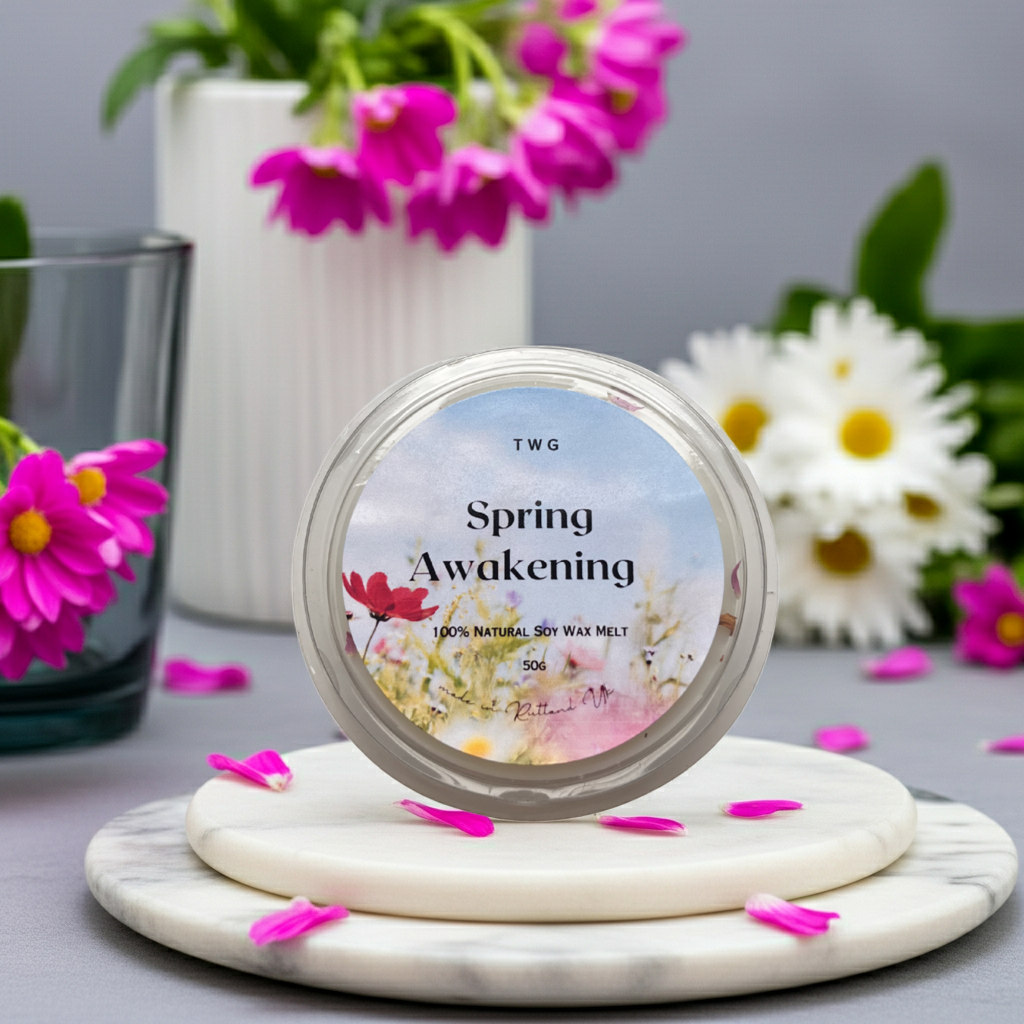 TWG Spring Awakening soy wax melt with flowers and a vase in the background