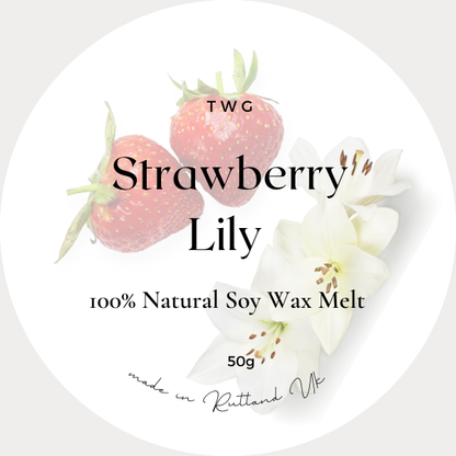 A package of Strawberry & Lily scented soy wax melts with an image of strawberries and lily flowers on the label.