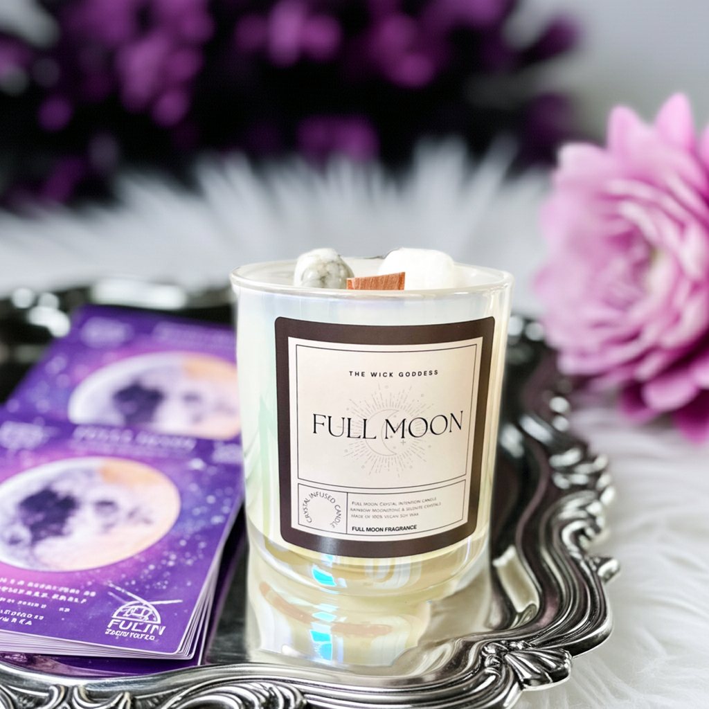 Candle labeled 'Full Moon' on a decorative tray with purple flowers in the background
