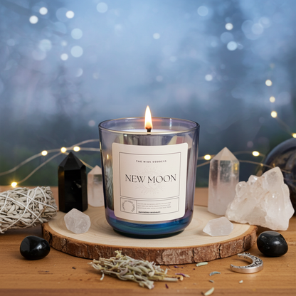 Candle labeled 'New Moon' on a wooden surface with crystals and lights in the background