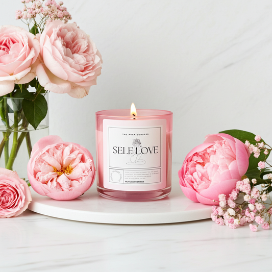 Pink candle labeled 'Self Love' surrounded by pink flowers on a white surface
