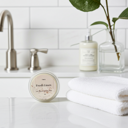 Bathroom setting with a jar labeled 'Fresh Linen', towels, and a plant.