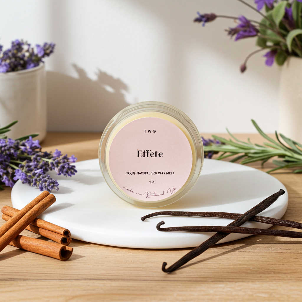 A round clear plastic jar of TWG Effete 100% natural soy wax melt sits on a white ceramic plate, styled with cinnamon sticks, vanilla beans, and lavender sprigs on a wooden table.