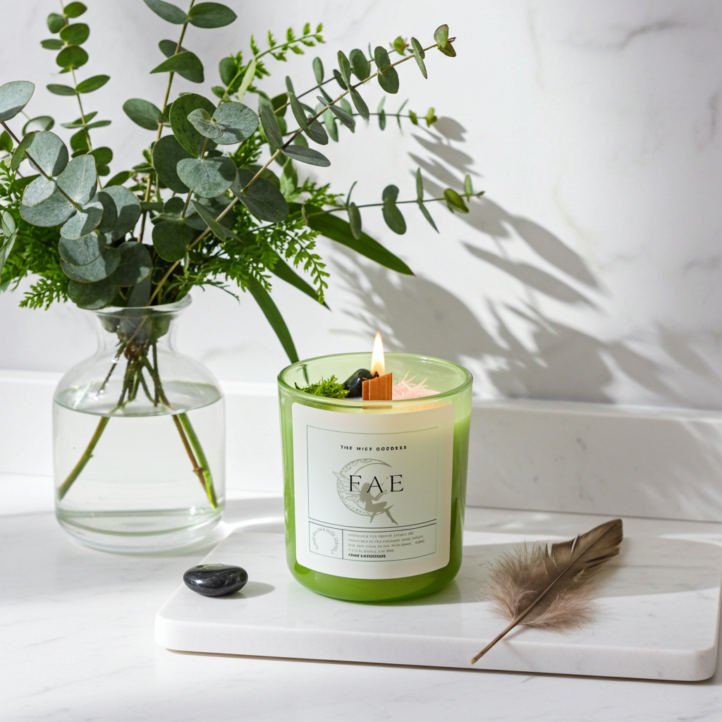 Green candle with 'FAE' branding on a white surface with a vase of greenery and feather.