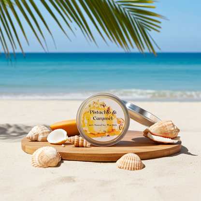 Pistachio & Caramel wax melt container on a wooden board with shells and palm leaves on a beach.