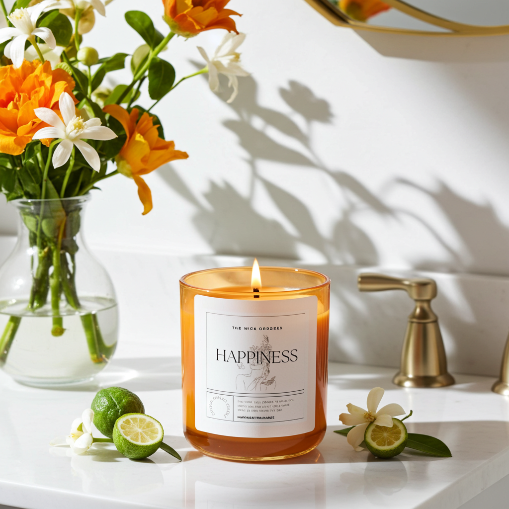 Candle labeled 'Happiness' with flowers and limes on a white surface