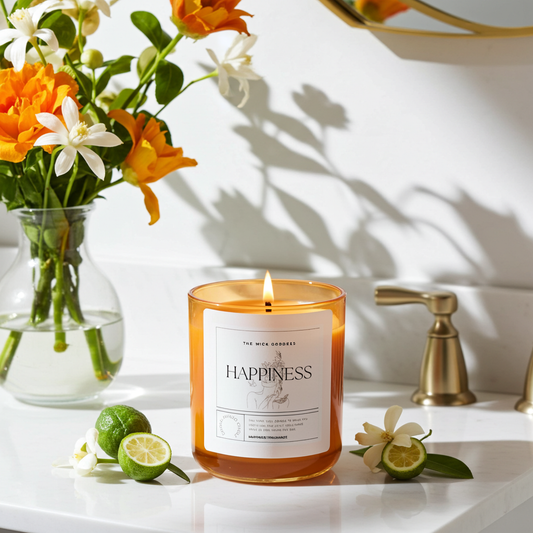 Candle labeled 'Happiness' with flowers and limes on a white surface