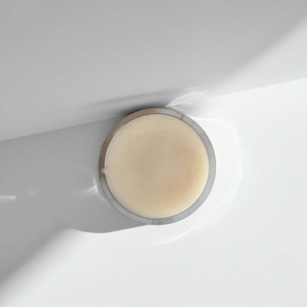 A round wax cream colour and in a mould mounted on a white wall corner.