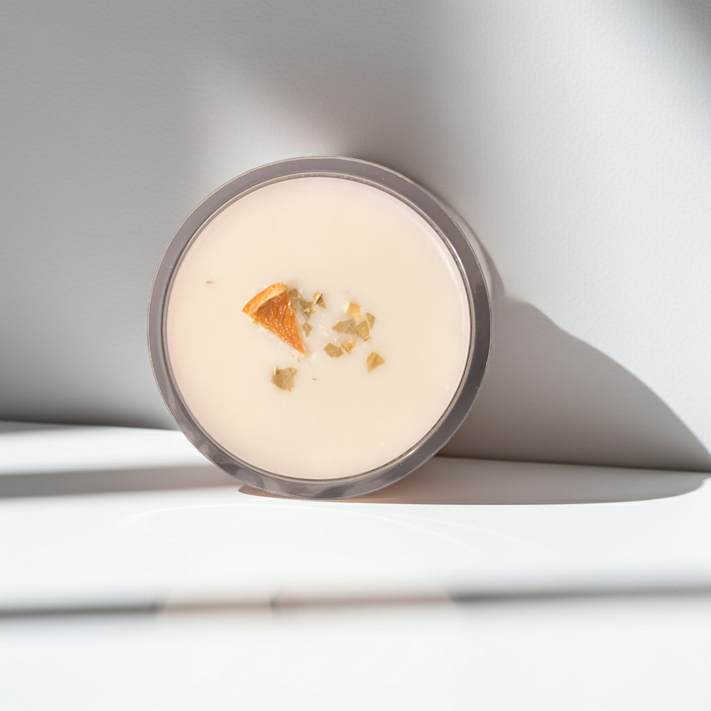 Close-up of a wax melt with orange pieces on a white background
