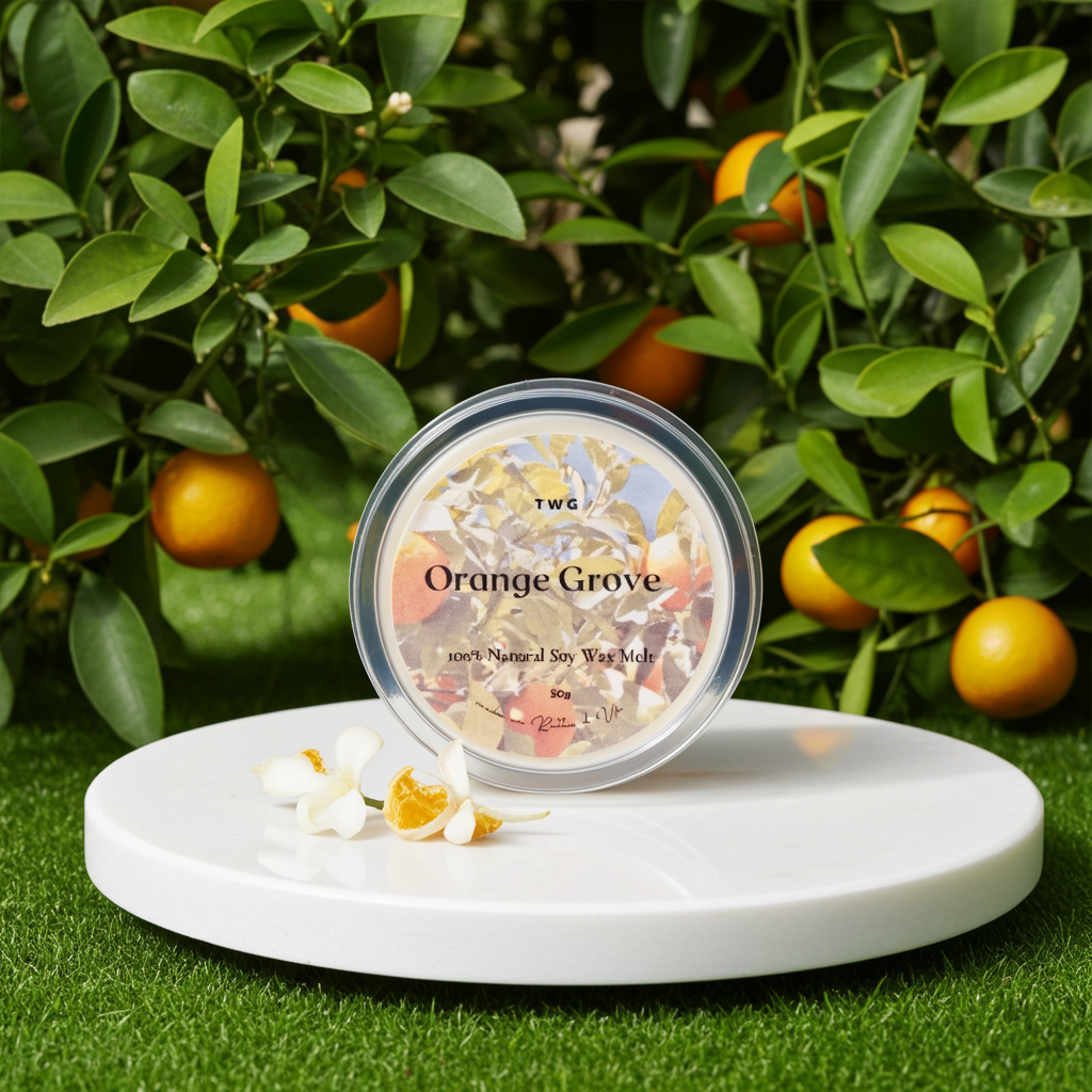 A round clear-lidded jar labeled 'Orange Grove' by TWC sits on a white round pedestal, with citrus branches, orange fruits, and white flowers in the background.