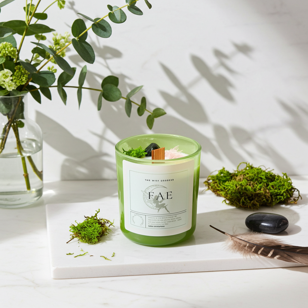 Green candle labeled 'FAE' on a white surface with plants and stones