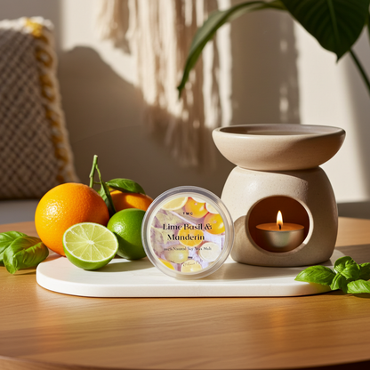 Wax melt with wax burner and various fruits 