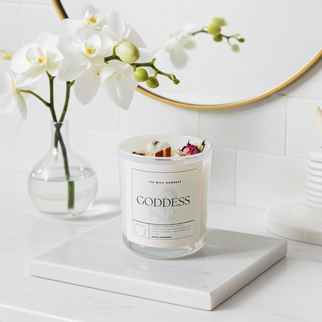 Candle labeled 'Goddess' on a marble surface with a vase of white flowers in the background.
