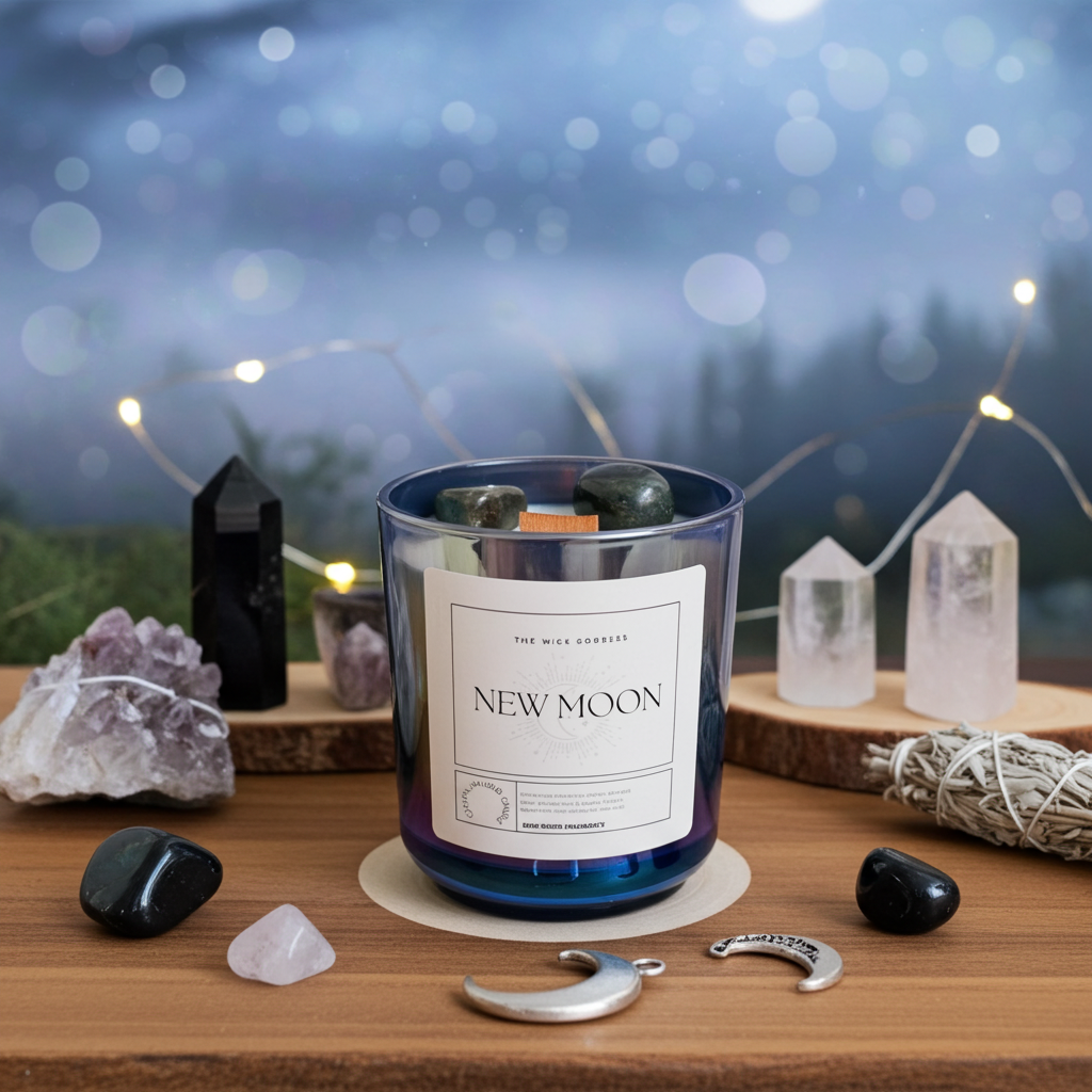 Candle labeled 'New Moon' on a wooden surface with crystals and lights in the background