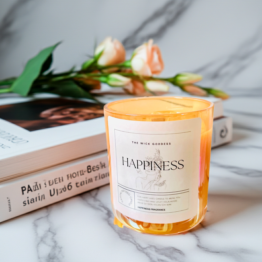 Candle labeled 'Happiness' on a marble surface with books and flowers in the background