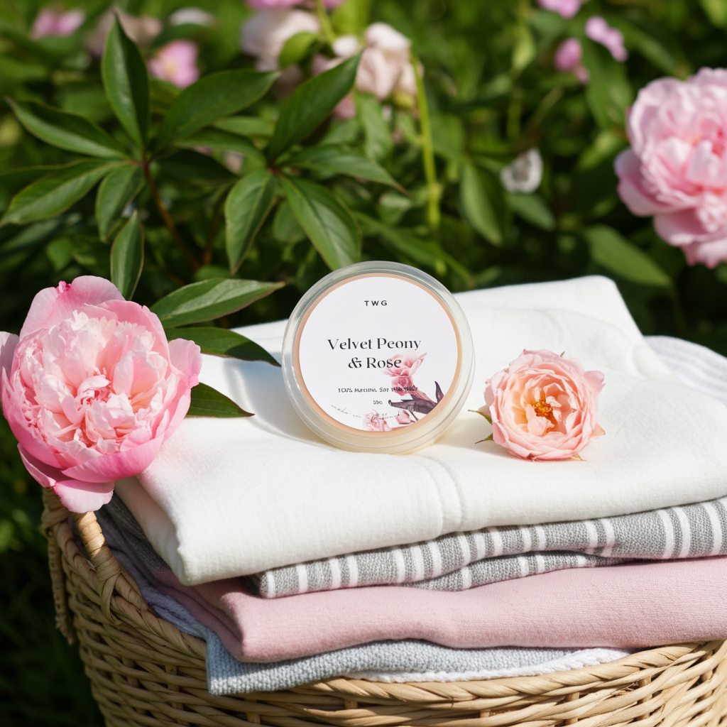 Jar of 'Velvet Peony & Rose' product on folded fabric with pink flowers in a natural setting