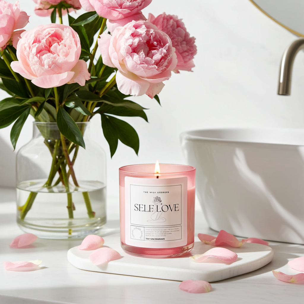 Pink candle labeled 'Self Love' with a vase of pink flowers and rose petals on a white surface.