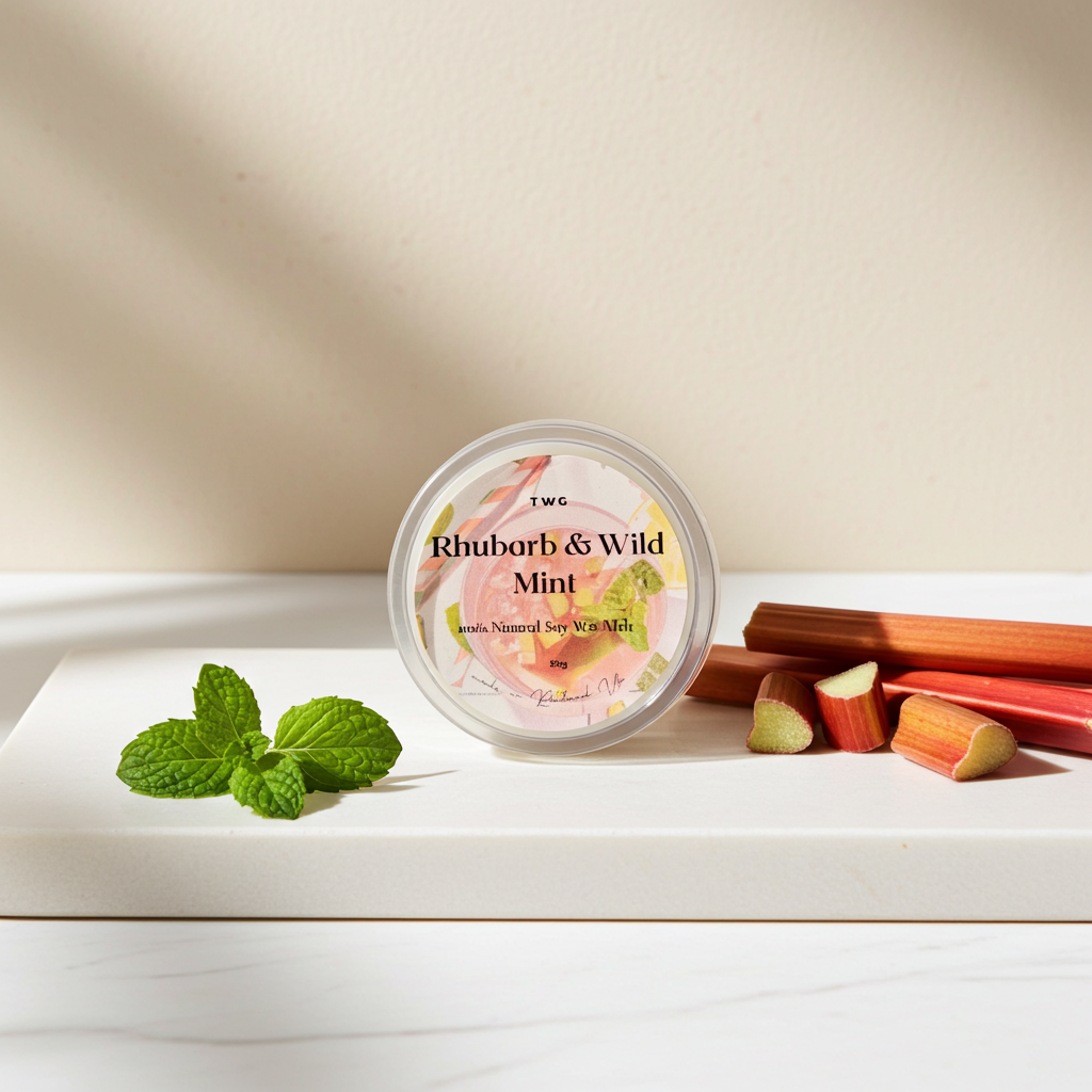 Jar of TWG Rhubarb & Wild Mint candle on a white surface with rhubarb and mint leaves.