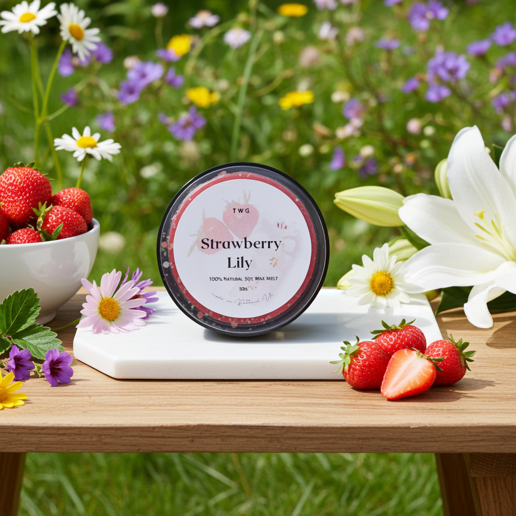 Wax melt container labeled 'Strawberry Lily' with strawberries and flowers on a wooden table.